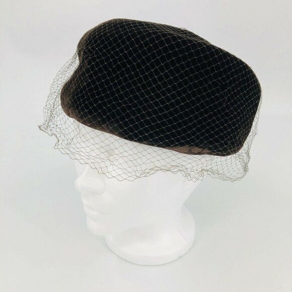 Vintage Womens Pillbox Hat Veil Netting Chocolate - Picture 1 of 9